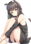  1girl absurdres animal_ear_fluff animal_ears anklet bangs bare_legs bare_shoulders barefoot black_dress blue_eyes blush braid breasts brown_hair cat_ears cat_girl cat_tail detached_sleeves dress eyebrows_visible_through_hair french_braid hair_ribbon heterochromia highres jewelry keiran_(ryo170) knees_up long_hair looking_at_viewer original own_hands_together parted_lips purple_ribbon ribbon sideboob simple_background sitting small_breasts solo tail very_long_hair white_background yellow_eyes 