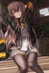  1girl black_legwear brown_hair girls_frontline grey_skirt hand_up highres jacket long_hair looking_away one_eye_closed pantyhose sabakuomoto scar scar_across_eye shirt skirt smile solo ump45_(girls_frontline) white_shirt yellow_eyes 