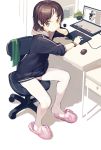  1girl absurdres arm_support brown_eyes brown_hair chair chinese_commentary computer desk drawing_tablet highres hood hoodie laptop mouse_(computer) office_chair original pantyhose sitting slippers solo white_legwear zhongye_yu 