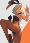  1girl :o alternate_hairstyle animal_ears ass bare_shoulders black_gloves black_hairband blue_eyes breasts bunny_tail bunnysuit commentary_request detached_collar fighting_stance gloves grey_background guwatefu hairband highres looking_at_viewer medium_breasts open_mouth orange_background pantyhose pokemon pokemon_(game) pokemon_swsh rabbit_ears saitou_(pokemon) short_hair single_glove solo standing standing_on_one_leg tail two-tone_background white_hair 