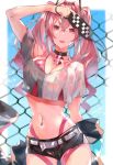  1girl absurdres arm_up azur_lane bangs belt bikini black_shorts breasts bremerton_(azur_lane) bremerton_(scorching-hot_training)_(azur_lane) chain-link_fence choker commentary_request cowboy_shot crop_top crop_top_overhang crossed_bangs eyebrows_visible_through_hair eyewear_removed fence hair_between_eyes hair_ornament highleg highleg_bikini highres holding holding_eyewear jacket jacket_removed kikuragetom large_breasts long_hair looking_at_viewer midriff mole mole_on_breast mole_under_eye multicolored_hair navel navel_piercing open_mouth piercing pink_bikini red_eyes shorts solo standing streaked_hair swimsuit thighs twintails two-tone_hair two-tone_shirt wristband 