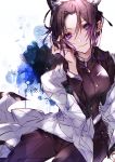  1girl adjusting_hair akasaki_uraba arm_support bangs black_hair breasts butterfly_hair_ornament closed_mouth hair_ornament haori japanese_clothes kimetsu_no_yaiba kochou_shinobu long_sleeves looking_at_viewer short_hair sitting solo uniform violet_eyes 