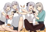  4girls ak-12_(girls_frontline) ak-15_(girls_frontline) an-94_(girls_frontline) bangs blonde_hair bow breasts can coca-cola controller defy_(girls_frontline) feeding food game_controller girls_frontline green_eyes green_shirt grey_hair hair_bow hair_ribbon hairband highres long_hair multiple_girls navel necktie open_eyes pants pizza plate playing_games ribbon rpk-16_(girls_frontline) shirt short_hair shorts silayloe silver_hair skirt violet_eyes white_shirt 