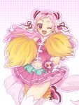  1girl ;d cheerleader clover_earrings crop_top cure_yell double_bun floating_hair flower hair_flower hair_ornament hair_ribbon heart heart_hair_ornament highres hugtto!_precure killua_gon long_hair looking_at_viewer midriff miniskirt navel one_eye_closed open_mouth pink_hair pink_skirt pleated_skirt pom_poms precure red_eyes red_ribbon ribbon see-through shiny shiny_hair skirt sleeveless smile solo standing standing_on_one_leg stomach thigh-highs very_long_hair white_flower white_legwear 