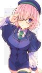  1girl alternate_costume bangs blush breasts commentary_request eyebrows_visible_through_hair fate/grand_order fate_(series) glasses hair_over_one_eye highres large_breasts lavender_hair looking_at_viewer mash_kyrielight purple_hair purple_legwear short_hair smile solo thigh-highs violet_eyes wasa_(pixiv29582664) 