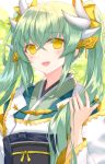  1girl aqua_hair bangs blush breasts commentary_request dragon_horns eyebrows_visible_through_hair fate/grand_order fate_(series) green_hair hair_between_eyes highres horns japanese_clothes kimono kiyohime_(fate/grand_order) long_hair long_sleeves looking_at_viewer morizono_shiki open_mouth smile solo twintails very_long_hair yellow_eyes 