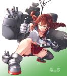  1girl asymmetrical_legwear belt black_panties braid breasts brown_hair cannon chaigidhiell character_name commentary_request full_body garter_straps gloves gradient gradient_background green_eyes highres kantai_collection midriff miniskirt necktie noshiro_(kantai_collection) panties pantyshot pantyshot_(squatting) pleated_skirt red_skirt school_uniform serafuku single_thighhigh skirt solo squatting thigh-highs turret twin_braids underwear white_gloves 