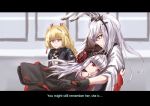  3girls animal_ears arknights blonde_hair chinese_commentary cishi_nianshao doctor_(arknights) english_text facial_scar female_doctor_(arknights) frostleaf_(arknights) frostnova_(arknights) headphones highres hug indoors multiple_girls nose_scar office rabbit_ears scar white_hair 
