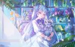  1girl alternate_costume blue_eyes blue_hair commentary_request cowboy_shot curtains dress flower flower_bracelet flower_request hair_ribbon hatsune_miku head_tilt holding holding_jar indoors jar leaf lily_(flower) long_hair looking_at_viewer neck_ribbon orange_flower parted_lips petals plant puffy_short_sleeves puffy_sleeves purple_flower purple_neckwear purple_ribbon purple_rose qie_(25832912) ribbon rose shelf short_sleeves smile solo tulip twintails very_long_hair vocaloid water white_dress white_flower white_rose 