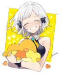  :d absurdres bare_shoulders black_bow black_shirt bow breasts closed_eyes collared_shirt facing_viewer flower hair_bow hair_flower hair_ornament happy head_tilt heart highres holding large_breasts open_mouth shirt signature sleeveless sleeveless_shirt smile sogawa white_hair wing_collar yellow_background yuzuha_(channel) yuzuha_(yuzuha_virtual) 