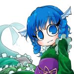  1girl avatar_icon blue_eyes blue_hair blush chamaji drill_hair eyebrows_visible_through_hair fish_tail frills head_fins japanese_clothes kimono long_sleeves looking_at_viewer lowres mermaid monster_girl obi sash short_hair signature simple_background smile solo tail touhou wakasagihime white_background 