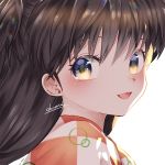  1girl artist_name bangs black_hair checkered checkered_kimono face highres inuyasha japanese_clothes kimono long_hair looking_at_viewer open_mouth rin_(inuyasha) side_ponytail smile solo tondamanuke white_background 