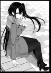  1girl boots buttons coat full_body greyscale highres kantai_collection long_hair looking_at_viewer monochrome nachi_(kantai_collection) ototsu_kei pantyhose scarf side_ponytail solo 