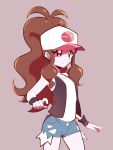  1girl artsy-rc backpack bag big_hair black_jacket blue_shorts brown_hair closed_mouth cowboy_shot denim denim_shorts grey_background grey_eyes highres jacket long_hair looking_at_viewer poke_ball_print pokemon pokemon_(game) pokemon_bw ponytail shaded_face shirt short_shorts shorts signature simple_background sleeveless sleeveless_jacket sleeveless_shirt solo standing touko_(pokemon) white_headwear white_shirt 