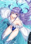  1girl absurdres bangs bare_shoulders blue_eyes blue_ribbon blush breasts choker closed_mouth collarbone fate/grand_order fate_(series) frills greaves hair_ribbon highleg highleg_swimsuit highres licking_lips long_hair long_sleeves looking_at_viewer meltryllis meltryllis_(swimsuit_lancer)_(fate) ocean off-shoulder_swimsuit one-piece_swimsuit prosthesis prosthetic_leg puffy_sleeves purple_hair ribbon shocho sleeves_past_fingers sleeves_past_wrists small_breasts smile solo swimming swimsuit thighs tongue tongue_out underwater very_long_hair white_ribbon 