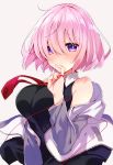  1girl bangs blush breasts commentary_request eyebrows_visible_through_hair fate/grand_order fate_(series) hair_over_one_eye highres large_breasts lavender_hair looking_at_viewer mash_kyrielight purple_hair short_hair simple_background solo violet_eyes wasa_(pixiv29582664) white_background 