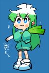  1girl :3 bike_shorts blue_background blue_eyes blush_stickers bright_pupils full_body green_hair green_hoodie holding konegi_(rariatto) long_sleeves motion_lines multicolored_hair original rariatto_(ganguri) shoes simple_background sleeves_past_fingers sleeves_past_wrists smile solo spring_onion standing two-tone_hair white_footwear white_hair 