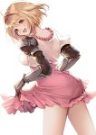  1girl ahoge aoi_(kirabosi105) blonde_hair brown_eyes djeeta_(granblue_fantasy) dress dress_lift eyebrows_visible_through_hair gauntlets granblue_fantasy hairband highres looking_back open_mouth pink_dress pink_hairband short_hair simple_background solo white_background 