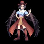  1girl ashiroku_(miracle_hinacle) black_background black_legwear black_wings boots brown_footwear commentary_request cowboy_hat feathered_wings hair_between_eyes hand_on_hip hat knee_boots kurokoma_saki looking_at_viewer neckerchief open_mouth puffy_short_sleeves puffy_sleeves red_eyes short_hair short_sleeves skirt solo standing touhou white_neckwear wings 