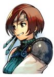 1girl brown_eyes brown_hair final_fantasy final_fantasy_vii forehead_protector from_side green_sweater hankuri looking_to_the_side ribbed_sweater short_hair shoulder_armor simple_background smile solo spaulders sweater teeth turtleneck upper_body white_background yuffie_kisaragi 