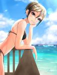  1girl :d =d absurdres arm_support bangs bare_arms bare_legs bikini black_bikini black_bikini_bottom black_bikini_top black_eyes blue_sky breasts chin_rest clouds deck earrings eyebrows_visible_through_hair grey_hair hair_between_eyes halterneck hand_on_own_chin hand_on_own_face highres idolmaster idolmaster_cinderella_girls jewelry looking_at_viewer medium_breasts ocean open_mouth outdoors shiomi_shuuko short_hair side-tie_bikini sky smile solo swimsuit varisr33gtr water wooden_railing 