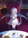  1girl bat_wings bread food fork kitaba_utata knife looking_at_viewer meal red_eyes remilia_scarlet sipping solo tea touhou wings 