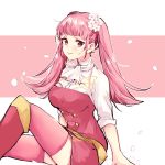  1girl closed_mouth fire_emblem fire_emblem:_three_houses flower garreg_mach_monastery_uniform hair_flower hair_ornament hilda_valentine_goneril long_hair naho_(pi988y) petals pink_eyes pink_hair pink_legwear simple_background sitting smile solo thigh-highs twintails twitter_username uniform 