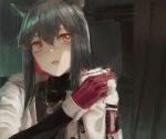  1girl animal_ears arknights bangs black_hair brown_eyes cigarette gloves hair_between_eyes highres holding holding_cigarette jacket jewelry long_hair looking_to_the_side necklace noccu red_gloves solo texas_(arknights) upper_body wolf_ears 