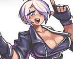  1girl angel_(kof) blue_eyes breasts fingerless_gloves gloves large_breasts one_eye_covered sagas293 short_hair solo the_king_of_fighters upper_body white_background white_hair 