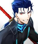  1boy absurdres blue_hair commentary cu_chulainn_(fate)_(all) cu_chulainn_(fate/grand_order) earrings fang fate/stay_night fate_(series) grin highres holding jewelry kanniepan long_hair male_focus polearm ponytail red_eyes simple_background smile solo spear weapon white_background 