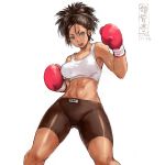 1girl abs artist_logo bike_shorts blue_eyes boxing_gloves brown_hair legs_apart looking_at_viewer midriff navel open_mouth original shu-mai simple_background solo standing tank_top tomboy white_background