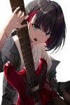  1girl arm_up bang_dream! black_hair blush bracelet eyebrows_visible_through_hair green_eyes guitar highres holding holding_instrument instrument jewelry looking_at_viewer mitake_ran multicolored_hair parted_lips plectrum plectrum_in_mouth redhead shirt short_hair smile solo soya_(torga) white_shirt 