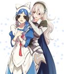  2girls apron armor black_gloves black_hairband blue_cape blue_hair braid cape corrin_(fire_emblem) corrin_(fire_emblem)_(female) covering_another&#039;s_eyes fire_emblem fire_emblem_fates gloves gradient_hair hairband lilith_(fire_emblem) long_hair long_sleeves misu_kasumi multicolored_hair multiple_girls open_mouth pointy_ears red_eyes redhead simple_background single_braid white_hair 