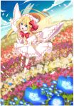  ametama_(runarunaruta5656) blonde_hair fairy fairy_wings field flower flower_field flying highres lily_white long_hair sky touhou wings 