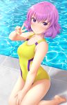  1girl absurdres commentary competition_swimsuit english_commentary full_body highres kawai_hanabi keijo!!!!!!!! kneeling looking_at_viewer one-piece_swimsuit pool poolside purple_hair short_hair solo swimsuit tiri v violet_eyes water wavy_hair yellow_swimsuit 