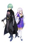  1boy 1girl absurdres armor black_cape black_gloves byleth_(fire_emblem) byleth_eisner_(male) cape closed_mouth commentary dress fire_emblem fire_emblem:_three_houses gloves green_eyes green_hair hair_ornament high_heels highres holding holding_sword holding_weapon long_hair long_sleeves lysithea_von_ordelia nyorotono pink_eyes short_hair simple_background sword weapon white_background white_hair white_legwear 