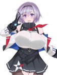  1girl :d alternate_breast_size anchor_symbol azur_lane bangs bare_shoulders belt black_hairband black_legwear blush breasts commentary cowboy_shot crotchless crotchless_pantyhose eyebrows_visible_through_hair grey_hair grey_skirt hair_between_eyes hair_intakes hair_ornament hairband hairclip highres huge_breasts jacket long_sleeves looking_at_viewer metal_gloves necktie off-shoulder_jacket open_clothes open_jacket open_mouth pleated_skirt red_neckwear reno_(azur_lane) shirt short_hair sidelocks simple_background skirt sleeveless sleeveless_shirt smile solo standing toyo_(c8) v violet_eyes white_background white_jacket white_shirt 