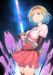  1girl axe black_legwear blonde_hair blush breasts commentary_request djeeta_(granblue_fantasy) gauntlets granblue_fantasy hairband highres holding holding_sword holding_weapon kaname_(melaninusa09) long_sleeves red_hairband short_hair smile solo sword thigh-highs weapon 