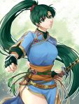  1girl bangs belt blue_dress delsaber dress earrings eyebrows_visible_through_hair fingerless_gloves fire_emblem fire_emblem:_the_blazing_blade gloves green_eyes green_hair green_shirt highres jewelry katana leaf long_hair looking_at_viewer lyn_(fire_emblem) parted_lips ponytail rope_belt sash shirt simple_background solo sparkle sword thighs tied_hair weapon 