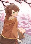  1girl blush brown_cape brown_hair brown_skirt cape cherry_blossoms commission eyebrows_visible_through_hair green_eyes highres looking_at_viewer open_mouth original ryan_edian short_hair sitting skirt smile solo upper_teeth water 