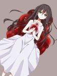  1girl black_hair blood bloody_clothes dress flower from_above green_eyes grey_background hair_between_eyes hands_together highres holding holding_flower id_:invaded long_hair looking_at_viewer lying on_back pool_of_blood simple_background white_dress 