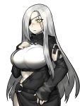  1girl belt black_eyepatch black_outline blush breasts character_request covered_navel detached_sleeves eyepatch eyes_visible_through_hair fingernails girls_frontline highres large_breasts long_hair outline parted_lips pinkboy silver_hair simple_background sleeves_past_wrists solo standing turtleneck white_background yellow_eyes 