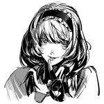  1girl :d alice_margatroid collared_shirt fingerless_gloves frilled_hairband frills gloves greyscale hairband hand_up looking_at_viewer monochrome open_mouth parody persona ruukii_drift shirt short_hair simple_background smile solo style_parody touhou upper_body white_background wing_collar 