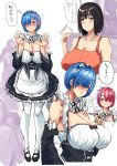  3girls bare_shoulders black_bow blue_eyes blue_hair blush bow breasts brown_eyes collarbone fingernails frills hair_over_one_eye highres large_breasts maid mole mole_on_breast multiple_girls oosaki_356 open_mouth parted_lips ram_(re:zero) re:zero_kara_hajimeru_isekai_seikatsu rem_(re:zero) short_hair silhouette sketch smile speech_bubble standing sweat thought_bubble 