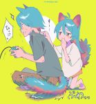  /\/\/\ 1boy 1girl animal_ears antenna_hair aqua_hair bangs barefoot blush_stickers brother_and_sister brown_pants cat_boy cat_ears cat_girl cat_tail circle clenched_teeth closed_mouth constricted_pupils controller covering_mouth dot_nose flying_sweatdrops from_side full_body furrowed_eyebrows game_controller gamepad green_background grey_shirt hair_between_eyes half-closed_eyes hand_up hands_up holding_controller holding_game_controller indian_style kneeling long_hair looking_at_another looking_away motion_lines niwabuki no_shoes noshime_ruka onomatopoeia orange_eyes original pants profile satonaka_kei shiny shiny_hair shirt short_sleeves siblings signature simple_background sitting smirk smug speech_bubble startled sweat tail teeth translation_request trembling white_shirt 