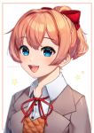  1girl :d absurdres alternate_hairstyle artist_name bangs blue_eyes border bow commentary doki_doki_literature_club english_commentary eyebrows_visible_through_hair face grey_jacket hair_bow highres jacket light_brown_hair looking_at_viewer open_mouth sasoura sayori_(doki_doki_literature_club) school_uniform shirt short_hair short_ponytail simple_background smile solo star upper_body white_background white_shirt wing_collar 