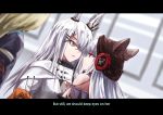  3girls animal_ears arknights blonde_hair chinese_commentary cishi_nianshao desk_lamp doctor_(arknights) english_text facial_scar female_doctor_(arknights) frostleaf_(arknights) frostnova_(arknights) highres indoors lamp multiple_girls nose_scar office rabbit_ears red_eyes scar white_hair 