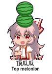  1girl :d bangs bow chibi chinese_commentary chinese_text commentary english_text eyebrows_visible_through_hair fujiwara_no_mokou hair_between_eyes hair_bow long_hair looking_at_viewer object_on_head open_mouth pants pink_hair puffy_short_sleeves puffy_sleeves red_eyes red_pants shangguan_feiying shirt short_sleeves sidelocks simple_background smile solo suspenders touhou translated upper_body very_long_hair watermark white_background white_bow white_shirt 