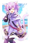  1girl alice_in_wonderland animal_ears artist_name binato_lulu bow cat_ears dress eyebrows_visible_through_hair final_fantasy final_fantasy_xiv hair_between_eyes neptune_(neptune_series) neptune_(series) one_eye_closed open_mouth pink_hair purple_hair short_hair v violet_eyes 