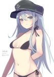  1girl alternate_costume bikini black_bikini blue_eyes blush breasts closed_mouth eyebrows_visible_through_hair flat_cap hair_between_eyes hat hibiki_(kantai_collection) highres kantai_collection long_hair looking_at_viewer navel sashimi0gou silver_hair small_breasts solo swimsuit white_background 